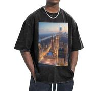 FBGHHTY Camiseta con estampado nocturno de imagen de ciudad, propiedades que absorben la humedad, mantiene el movimiento fácil, relajada, ligera, Negro, XL