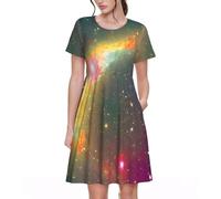 Fbghhty Hermoso vestido de verano versátil con estampado de galaxia, para uso diario, casual, con mangas cortas y cuello redondo, Negro, S