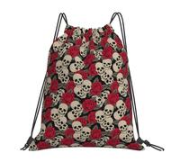FBGHHTY Mochila ligera y plegable con cordón ajustable con estampado de calavera negra y rosas, para viajes, yoga, actividades al aire libre