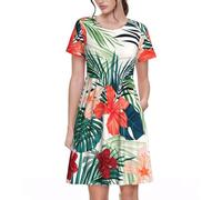 Fbghhty Vestido de verano con estampado de hojas de vegetación con flores de hibisco, versátil, uso diario, vestido de verano informal con mangas cortas y cuello redondo, Negro, XL