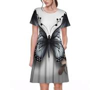 Fbghhty Vestido de verano para mujer, con estampado de flores y mariposas, color gris y verde azulado, versátil, para uso diario, con mangas cortas y cuello redondo, Negro, 3XL
