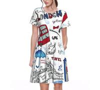 Fbghhty Vestido de verano versátil con estampado de Londres, para uso diario, casual, con mangas cortas y cuello redondo, Negro, M