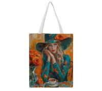 FBGUYRTI Bolsa de lona reutilizable de moda con sombrero verde azulado y té de rosa naranja 04, bolsa de compras para compras, bolsa de hombro para mujer, bolso casual para salir, 38 x 46 cm