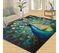 FBRUIEG Alfombra de pavo real, alfombra de pavo real azul y decoración del hogar, alfombras de animales de pintura al óleo para sala de estar, alfombras lavables para dormitorio, alfombras