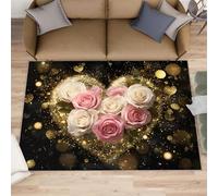 FBRUIEG Alfombra rosa dorada brillante para dormitorio, alfombra con patrón en forma de corazón, antideslizante, lavable, para sala de estar, granja, decoración de interior de pelo bajo, 50 x 80 cm