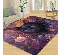 FBRUIEG Alfombras de gato para habitación de niños, alfombras de área de gato negro para dormitorio, alfombra de flores y decoración del hogar, alfombra antideslizante de pelo bajo para sala de juegos