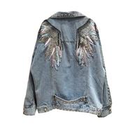 FBYDLL Chaqueta De Mezclilla Bordada para Mujer - Remaches De Borla De Alas De Plumas Moda Streetwear Jeans Outwear, Estilo Étnico, Casual, Todo Fósforo, Manga Larga, Abrigo, Otoño Vaquero, Abrigo Pa