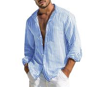 Fccrian Camisa de manga larga para hombre, informal, holgada, a rayas, con aislamiento, capa base para hombre, azul, S