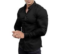 Fccrian Camisa De Vestir De Ajuste Muscular Para Hombre Deporte Ajustada Manga Larga Casual Con Botón Mangas Largas, Negro, L