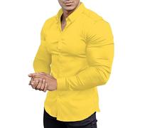 Fccrian Camisa De Vestir De Ajuste Muscular Para Hombres Camiseta Deportiva De Ajuste Delgado Manga Larga Casual Botón Camiseta De Manga Larga, amarillo, L