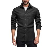 Fccrian Conjunto de camisa vaquera de manga larga con solapa para hombre, para primavera y otoño, informal, color liso, camisa vaquera para hombre, Negro, XL