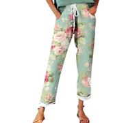 Fccrian Pantalones casuales con estampado de lino fragante para mujer, perfectos para primavera, cómodos y modernos para días relajados y uso diario, pantalones casuales para mujer, verde menta, XXL