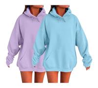 Fccrian Paquete de 2 sudaderas con capucha para mujer, de manga larga, informales, con cordón, color liso, holgadas, cómodas, para otoño e invierno, con bolsillos, ajuste moderno, color liso, bolsillo