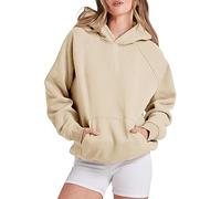 Fccrian Sudadera de manga larga con capucha para mujer, ligera, color sólido, cuello redondo, manga larga, camiseta atlética, viajes, holgada, ajuste moderno, sudadera deportiva de manga larga, caqui