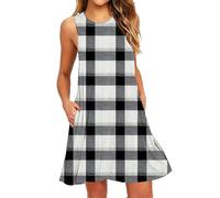 Fccrian Vestidos acampanados para mujer, vestido midi a rayas del Reino Unido, cuello redondo, sin mangas, línea A, vestido casual de verano con bolsillos, sin mangas, para playa, vacaciones, Negro, M