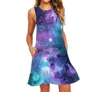 Fccrian Vestidos acampanados para mujer, vestido midi a rayas del Reino Unido, cuello redondo, sin mangas, línea A, vestido casual de verano con bolsillos, sin mangas, para playa, vacaciones, rosa