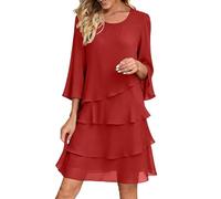 Fccrian Vestidos de gasa para mujer, vestidos de manga 3/4 del Reino Unido, cuello redondo, volantes, escalonados, vestido midi de verano, holgado, elegante, vestido de cóctel de noche, color sólido