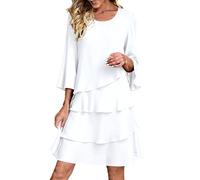 Fccrian Vestidos de gasa para mujer, vestidos de manga 3/4 del Reino Unido, cuello redondo, volantes, escalonados, vestido midi de verano, holgado, elegante, vestido de cóctel de noche, color sólido