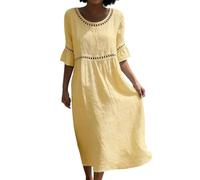 Fccrian Vestidos de lino de verano para mujer, túnica del Reino Unido, vestidos casuales holgados, holgados, holgados, manga 3/4, cuello redondo, vestido de verano con bolsillo, vestido midi plisado