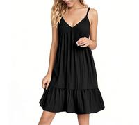 Fccrian Vestidos de verano para mujer, sin mangas, cuello en V, vestido de playa, correa ajustable, longitud a la rodilla, vestido suelto con dobladillo con volantes, vestido sin mangas para uso