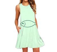 Fccrian Vestidos sin mangas para mujer, suave, transpirable, con estampado floral, maxivestidos de verano, bohemio, sin mangas, para playa, vestido midi con bolsillos para primavera y verano, verde, L