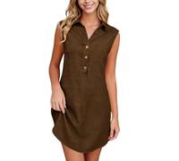 Fccrian Vestidos sin mangas para mujer, vestido camisero con botones del Reino Unido, cuello vuelto, casual, cuello en V, vestido de trabajo, talla grande, color sólido, vestidos de vacaciones