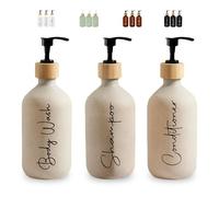 FCINNOVA® Dispensador Jabon Baño 500ml Beige | Set de 3 Botes para Gel y Champu + Acondicionador + Embudo para Rellenado | Este Dosificador Jabon Baño es Elegante y realzara la Belleza de su Hogar.