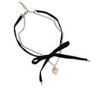 Fcnjsao Collar elegante para mujer, collar con lazo, perlas, colgante de corazón, cadena de clavícula, cadenas de clavícula francesa, para mujeres y niñas, Terciopelo, aleación y perla de imitación