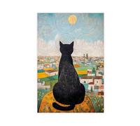 FCOJE Póster de gato negro con vistas a la ciudad bajo el sol, decoración de lienzo para dormitorio, paisaje deportivo, oficina, habitación, regalo, sin marco, 40,6 x 61 cm