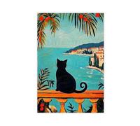 FCOJE Póster de gato negro con vistas a la ciudad costera, decoración de lienzo para dormitorio, paisaje deportivo, oficina, habitación, regalo, sin marco, 20 x 30 pulgadas