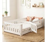 FCSQIU Cama de suelo de madera maciza, cama Montessori para niños de 80 x 160 cm, cama individual con barrera anticaída y estructura con láminas, para niño y niña, para niños, sin colchón