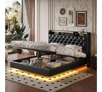 FCSQIU Cama tapizada de 160 x 200 cm con LED, estructura doble con espacio de almacenamiento, cabecero y somier, cama doble hidráulica, efecto visual flotante, sin colchón, negro