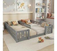 FCSQIU Montessori - Cama de suelo de 180 x 200 cm, con somier de seguridad, para familias con 2 niños, estructura de cama de madera maciza, con somier de láminas, sin colchón