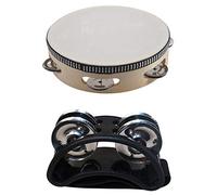 Fcuajdkq 1 pandereta musical de 7 pulgadas para regalo de percusión redonda y 1 pandereta de pie de percusión con cascabeles de metal, color negro