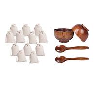 Fcuajdkq 12 bolsas pequeñas de algodón con cordón, bolsa de muselina para regalo, bolsa de dulces y 1 juego de cucharas de madera, cubiertos de madera hechos a mano