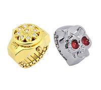 Fcuajdkq 2 relojes de anillo de dedo para mujer: 1 reloj de cuarzo con diseño de calavera de ojos rojos y 1 esfera redonda con decoración de flores de cristal, banda elástica para dedo dorado, Plata