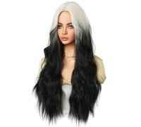 Fcuajdkq Negro Degradado 70 cm Peluca Femenina Pelo y Rizado Peluca con Raya Central Flequillo OndulacióN de Agua Peluca de Fibra QuíMica