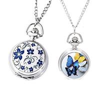 Fcuajdkq Reloj de bolsillo de cuarzo con colgante de azul de plateado y colgante de cuarzo para mujer, collar de cadena vintage con mariposa [reloj], plata