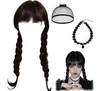FCXQG Peluca Negra con Trenzas Niña Miercoles con 1 Collares 1 Redecilla
