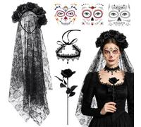 FCXVX iadema de Halloween, Diadema del Día De Muertos Tatuajes Temporales de Cara Disfraz de Halloween Fancy Dress Costume Accesorios Diademas de Rosas Fiesta de Disfraces para Carnaval, Cosplay