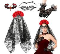FCXVX iadema de Halloween, Diadema del Día De Muertos Tatuajes Temporales de Cara Disfraz de Halloween Fancy Dress Costume Accesorios Diademas de Rosas Fiesta de Disfraces para Carnaval, Cosplay