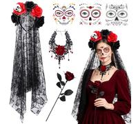 FCXVX iadema de Halloween, Diadema del Día De Muertos Tatuajes Temporales de Cara Disfraz de Halloween Fancy Dress Costume Accesorios Diademas de Rosas Fiesta de Disfraces para Carnaval, Cosplay