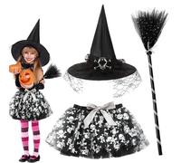 FCXVXCL Disfraz de Brujas para Niños, 3pcs Vestido de Bruja,Disfraces de Carnaval Bruja, Falda TuTu Niñas, Disfraz Carnaval Fiesta Mascarada Cosplay Halloween Silvery
