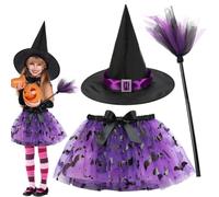 FCXVXCL Disfraz de Brujas para Niños, 3pcs Vestido de Bruja,Disfraces de Carnaval Bruja, Falda TuTu Niñas, Disfraz Carnaval Mascarada Fiesta Cosplay Halloween Purple2
