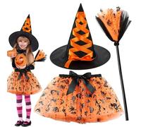 FCXVXCL Disfraz de Brujas para Niños, 3pcs Vestido de Bruja,Disfraces de Carnaval Bruja, Falda TuTu Niñas, Disfraz Carnaval Mascarada Fiesta Cosplay Halloween Orange1