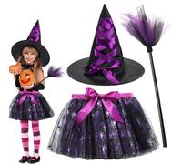 FCXVXCL Disfraz de Brujas para Niños, 3pcs Vestido de Bruja,Disfraces de Carnaval Bruja, Falda TuTu Niñas, Disfraz Carnaval Mascarada Fiesta Cosplay Halloween Purple1