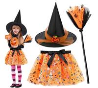 FCXVXCL Disfraz de Brujas para Niños, 3pcs Vestido de Bruja,Disfraces de Carnaval Bruja, Falda TuTu Niñas, Disfraz Carnaval Mascarada Fiesta Cosplay Halloween Orange
