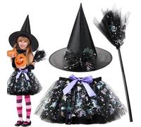 FCXVXCL Disfraz de Brujas para Niños, 3pcs Vestido de Bruja,Disfraces de Carnaval Bruja, Falda TuTu Niñas, Disfraz Carnaval Mascarada Fiesta Cosplay Halloween black