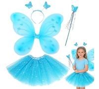 FCXVX isfraz de Hadas Niña Conjuntos Disfraces de Mariposa Brillantes Alas Hada Disfraces Alas Ángel con Varita Mágica y Diadema Regalo para Cumpleaños o Carnaval Azul