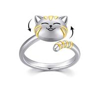 FDCGAS Anillo giratorio con forma de gato para aliviar la ansiedad, ajustable y abierto, chapado en plata de ley, ideal para el estrés, el aburrimiento, el TDAH y el autismo, para apilar,como regalo